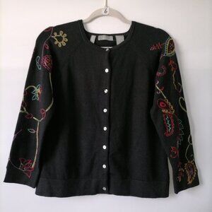 I.V.Y Womens Black Embroidered Long Sleeve Stretch Cardigan Sweater Size PL
